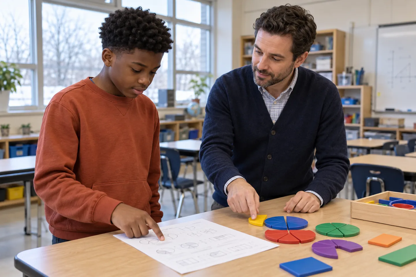 Student and teacher review math practice for a midyear grade recovery plan