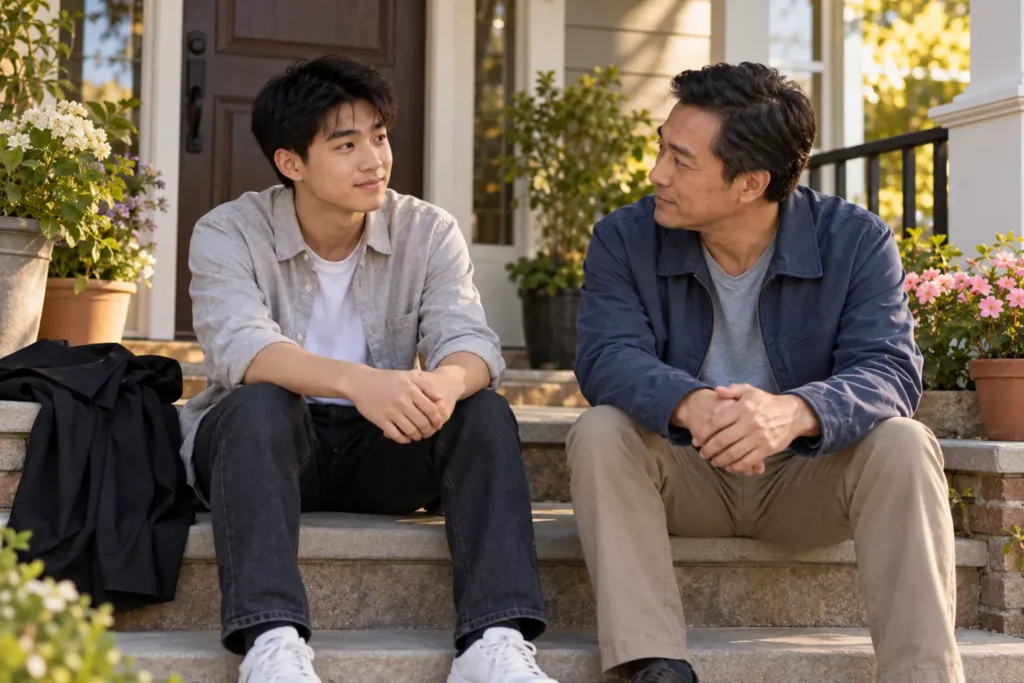 Graduate and parent discussing stress management activities for teens on porch steps