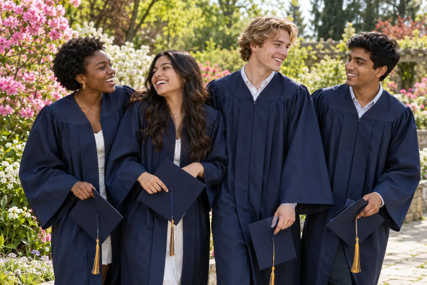 Four happy young graduates celebrating together outdoors in a botanical garden