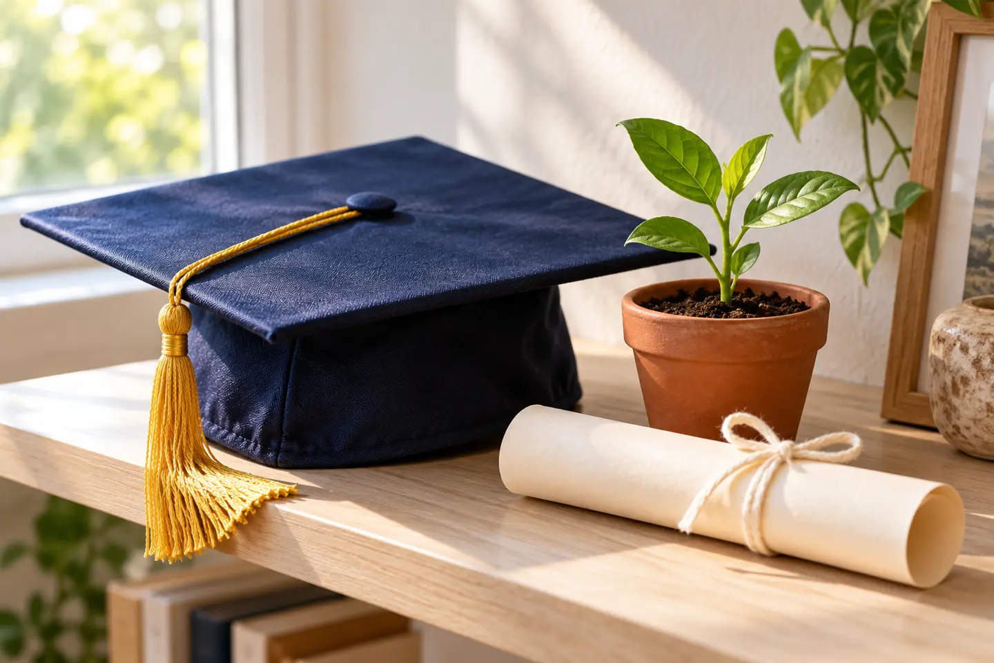 Graduation cap, golden tassel, and seedling representing a new beginning