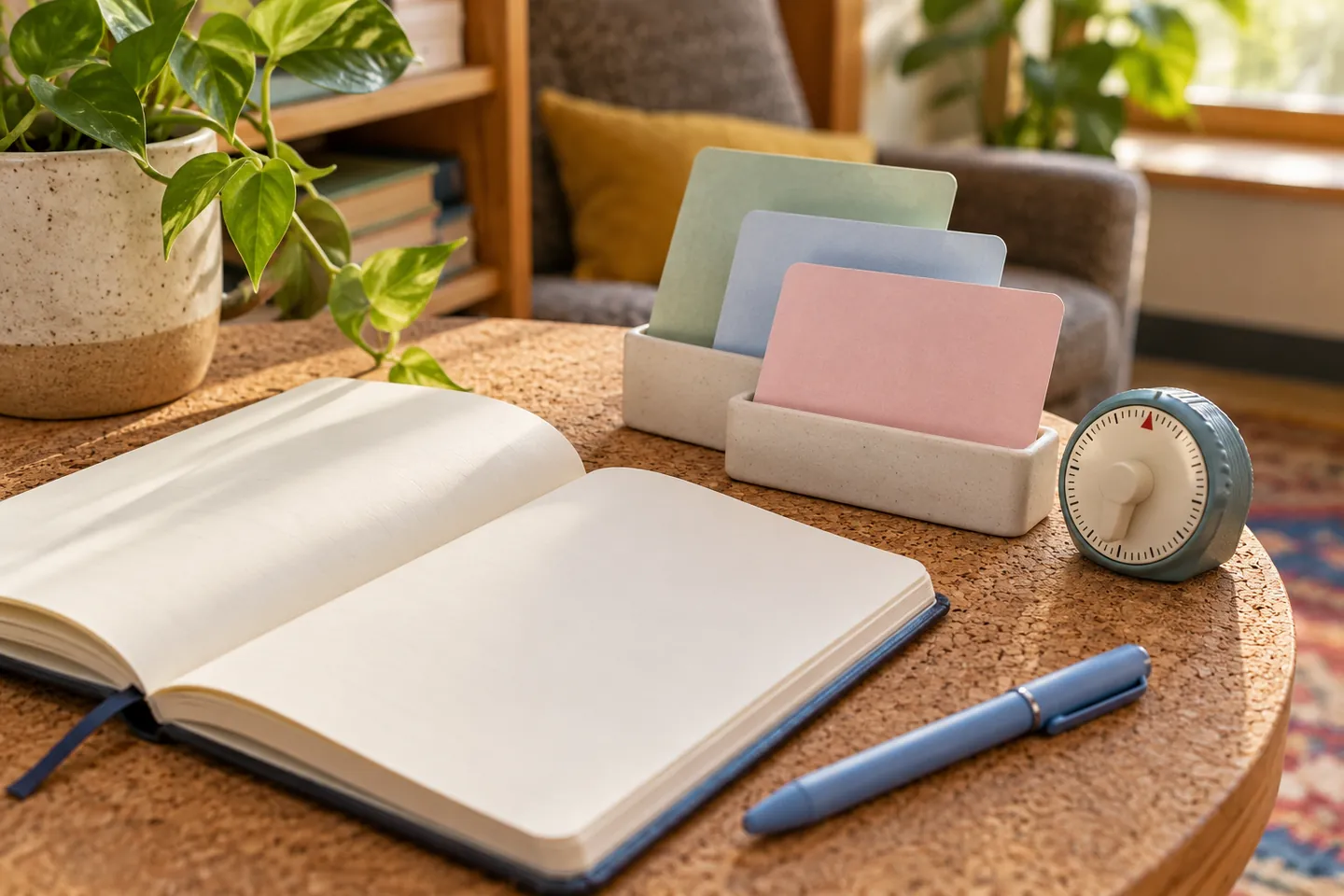 Blank question cards, open notebook, blue pen, and timer for preparing a request for help
