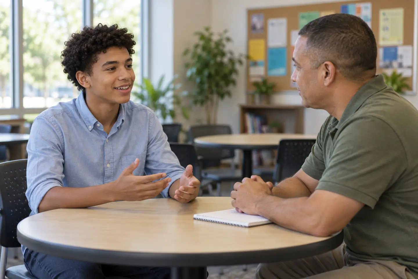 Teen and supportive adult practicing interview questions for high school students at a community center