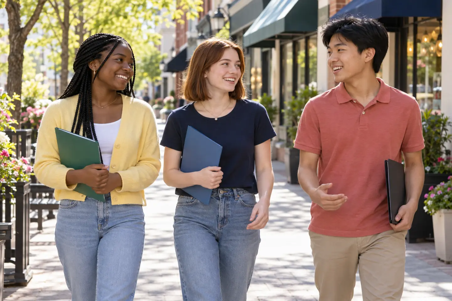 Three happy high school students walking along a public shopping street with job preparation folders