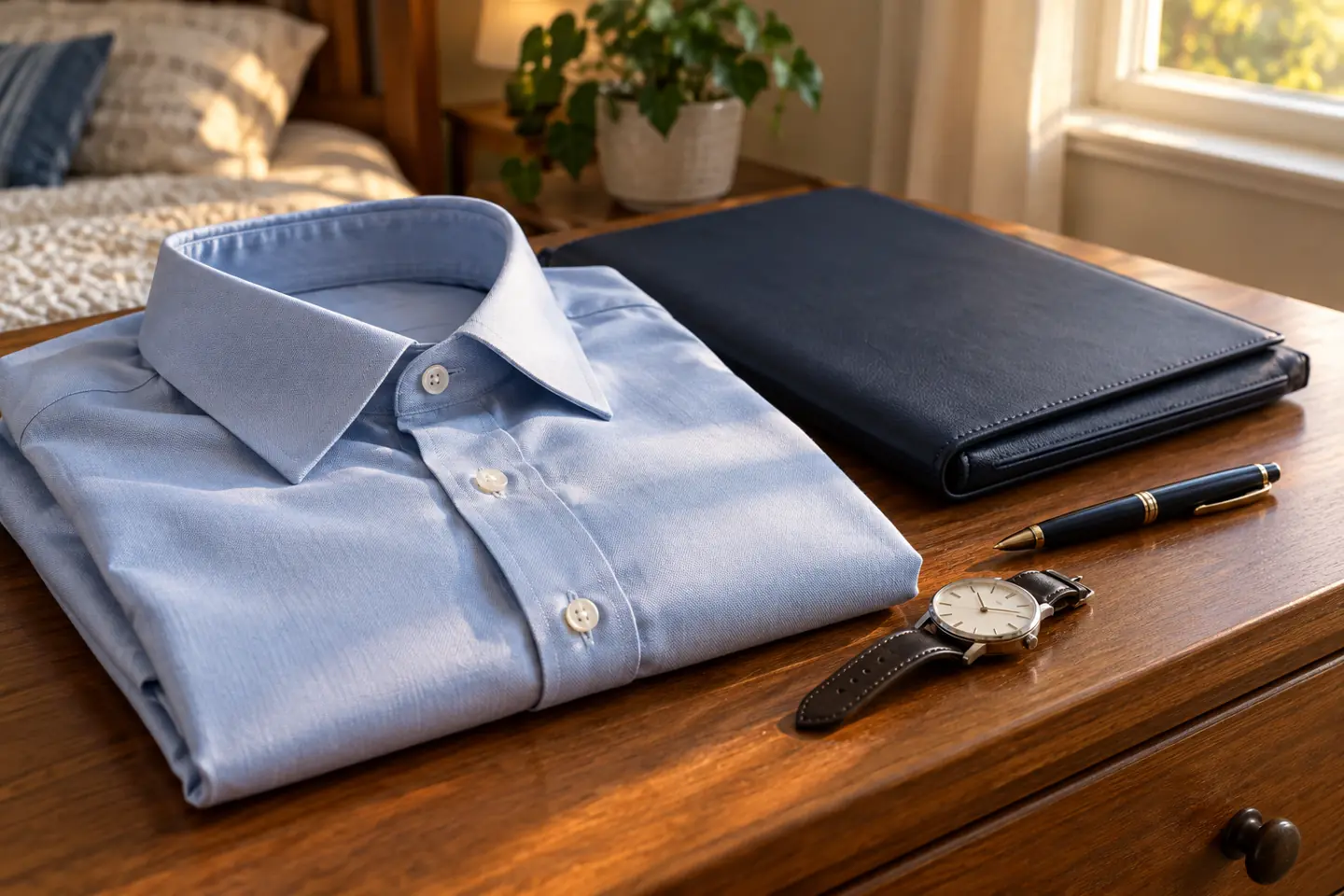 Folded shirt, plain portfolio, pen, and watch arranged for interview preparation