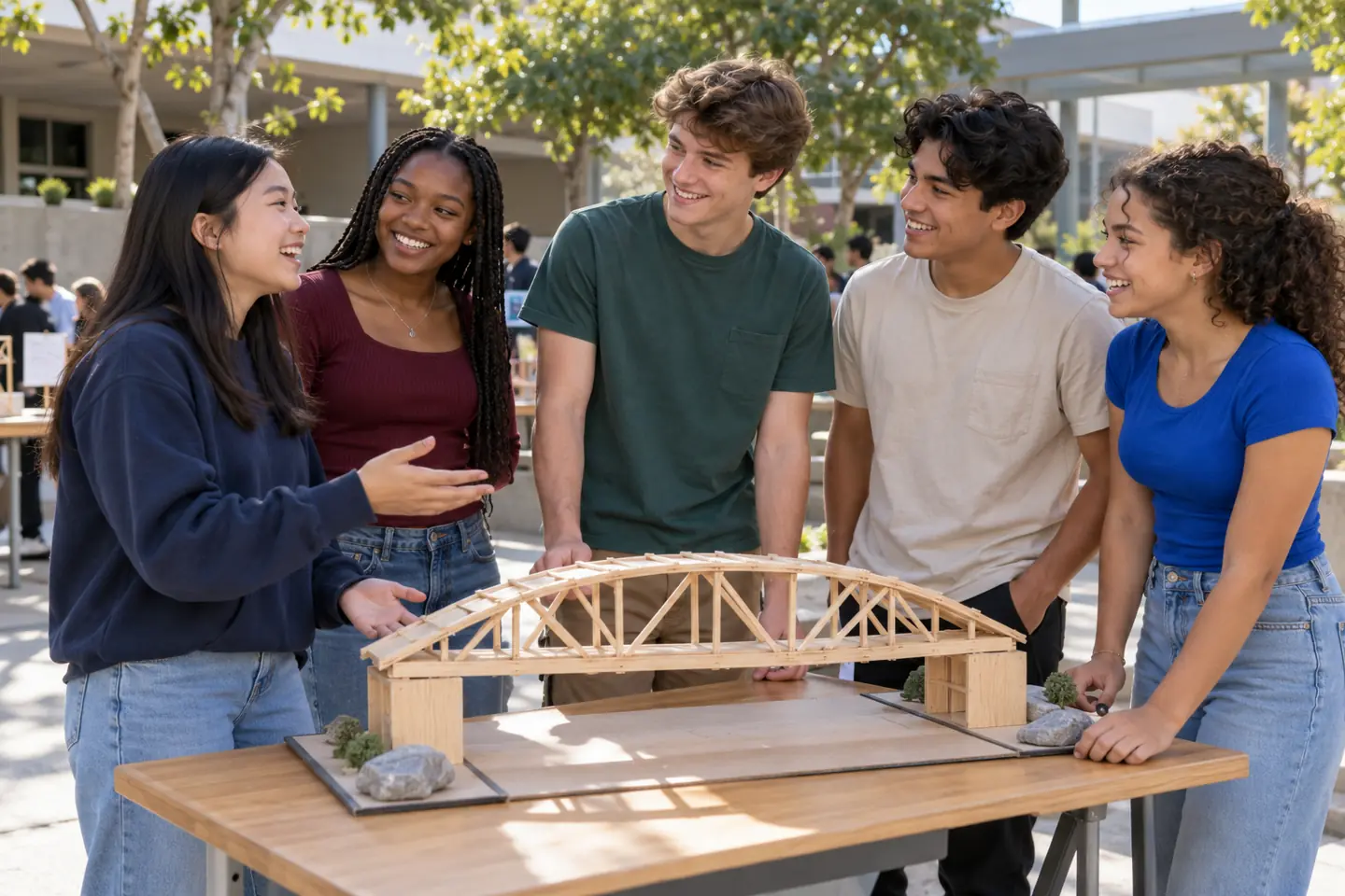 Five happy high school students discuss their model bridge in a public courtyard.