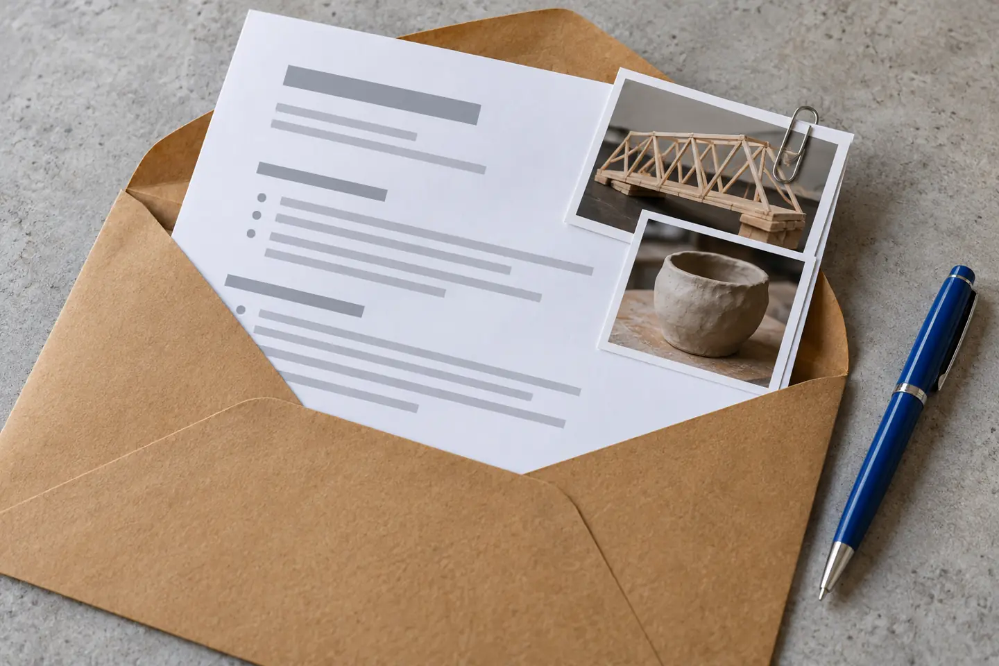 Resume materials, project photographs, a kraft envelope, and a blue pen on a gray tabletop without people.