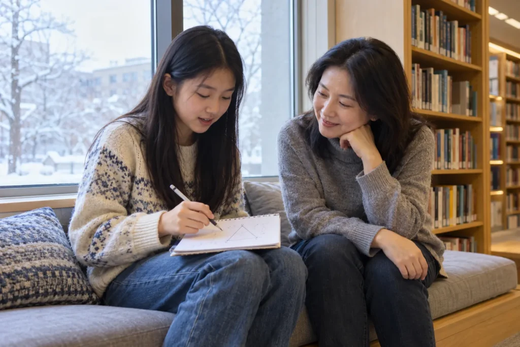 Student and mother review a holiday break study plan in a library window seat