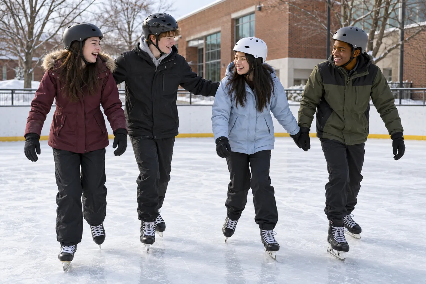 Happy young friends enjoy winter-break rest at an outdoor public ice rink
