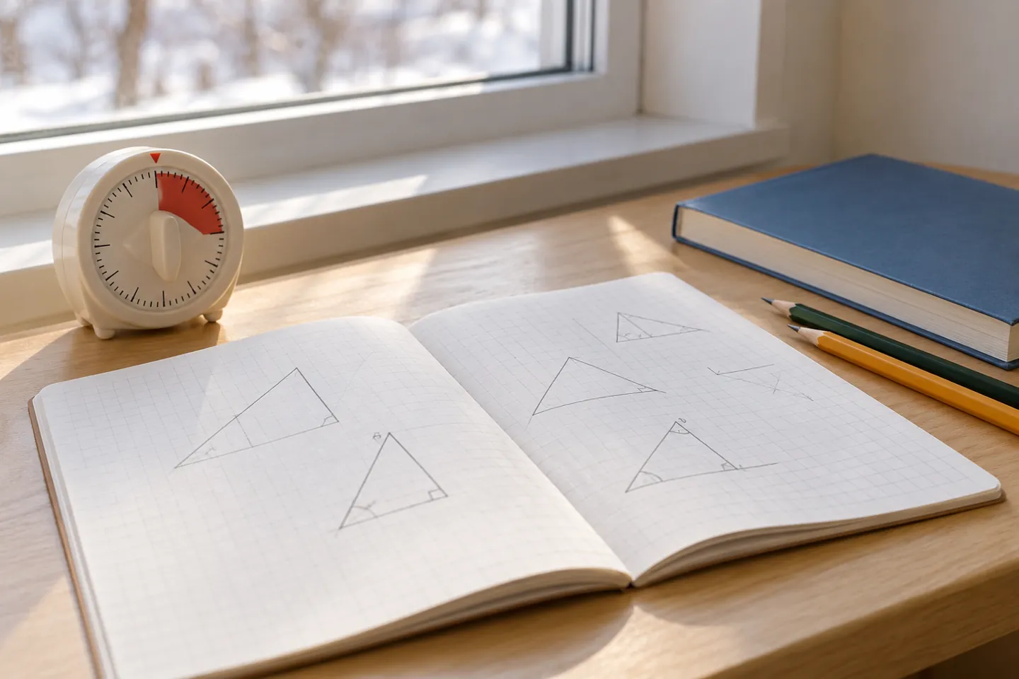 Timer and geometry practice notebook for a holiday break study plan without people