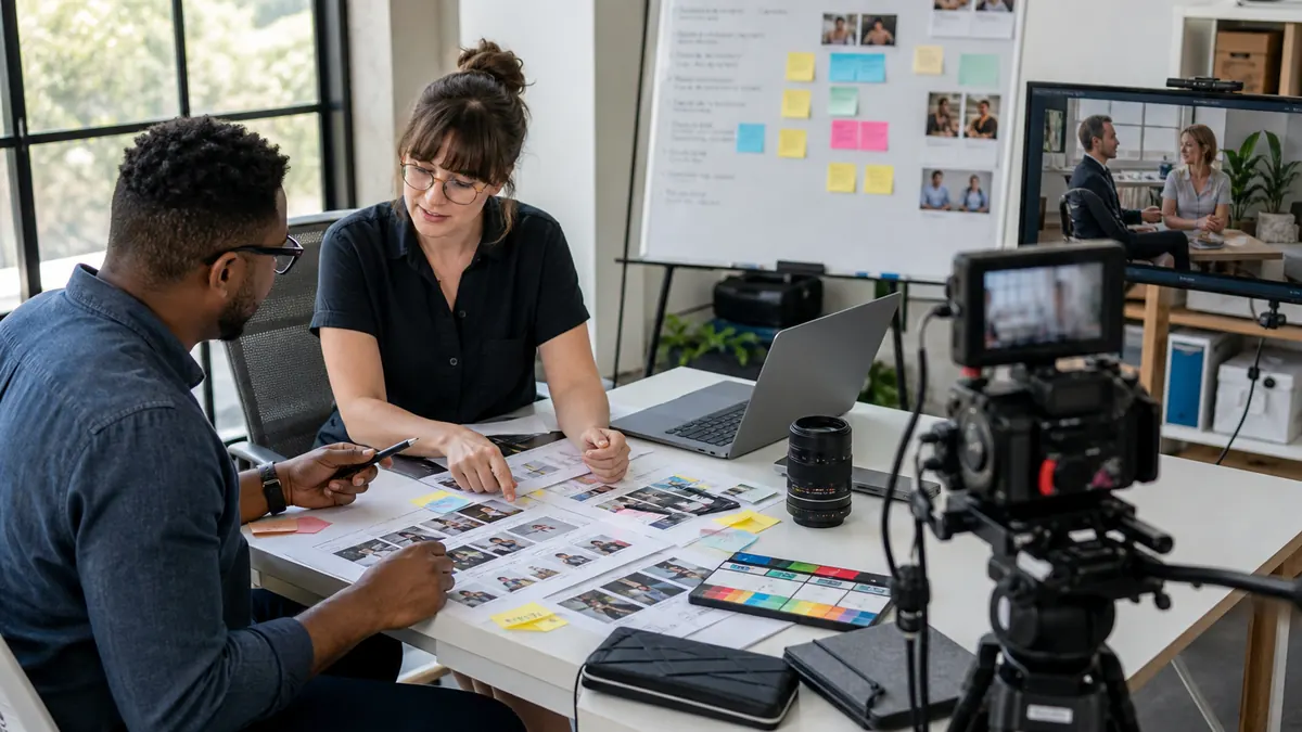 Video producer planning an educational shoot with storyboards and production notes