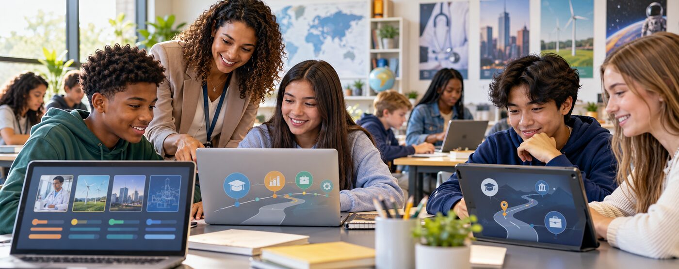 Students using digital tools to explore college and career readiness pathways with an educator