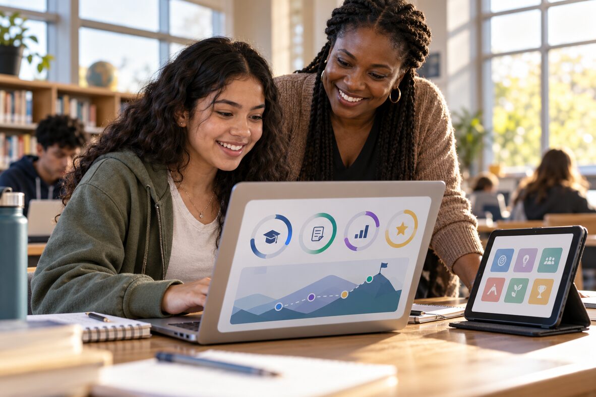 First-generation student and mentor using a college prep app with abstract progress icons on a laptop