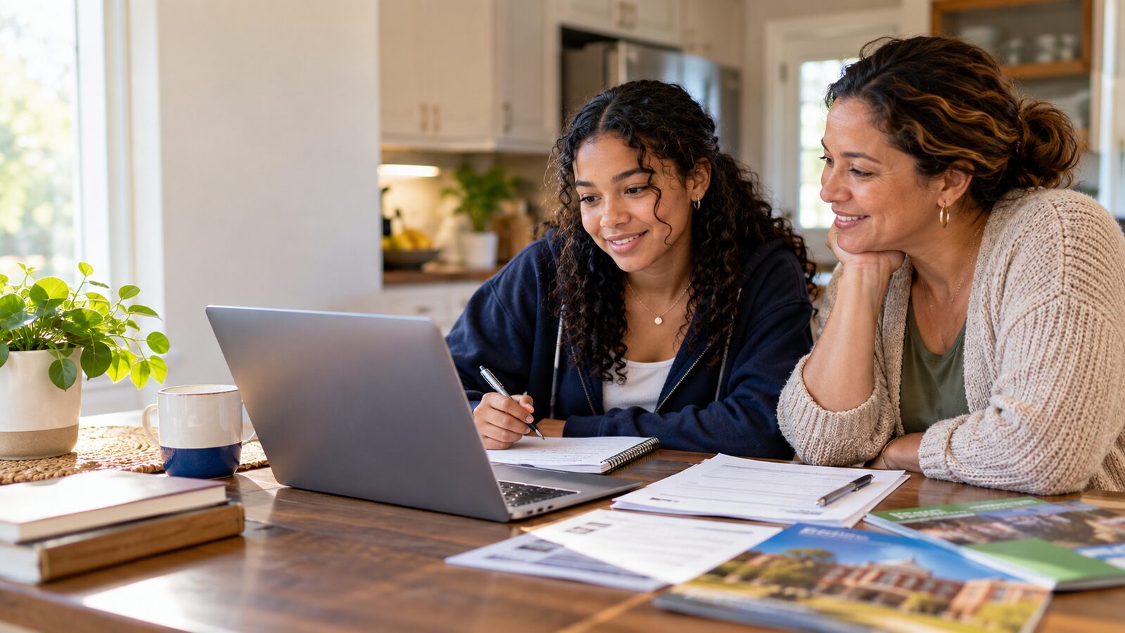 First-generation student and parent preparing a FAFSA checklist together at a kitchen table with a laptop and college materials