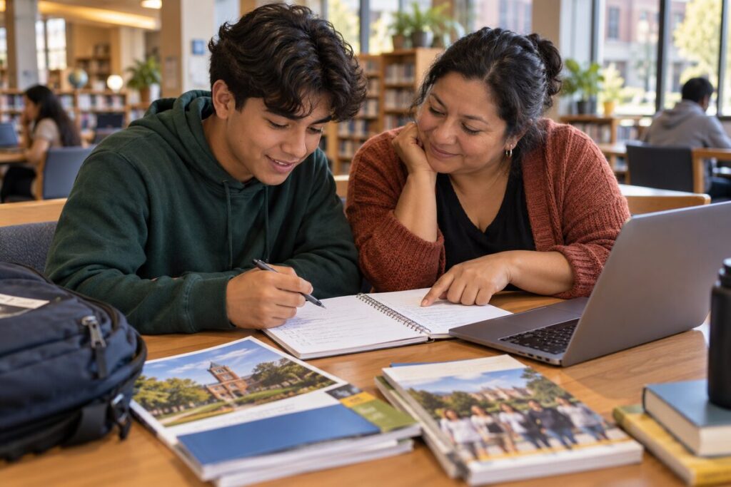 First-generation student and parent reviewing a FAFSA checklist together at a library table with a laptop and college materials
