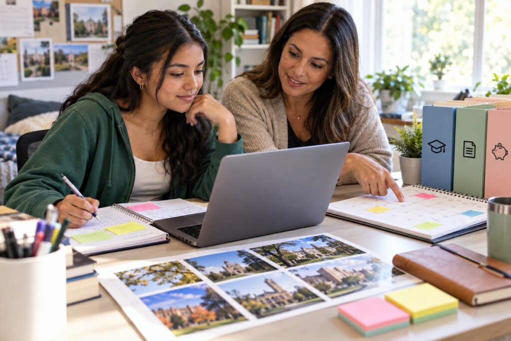 First-generation student and supportive adult organizing a college list and financial aid deadline calendar at a desk