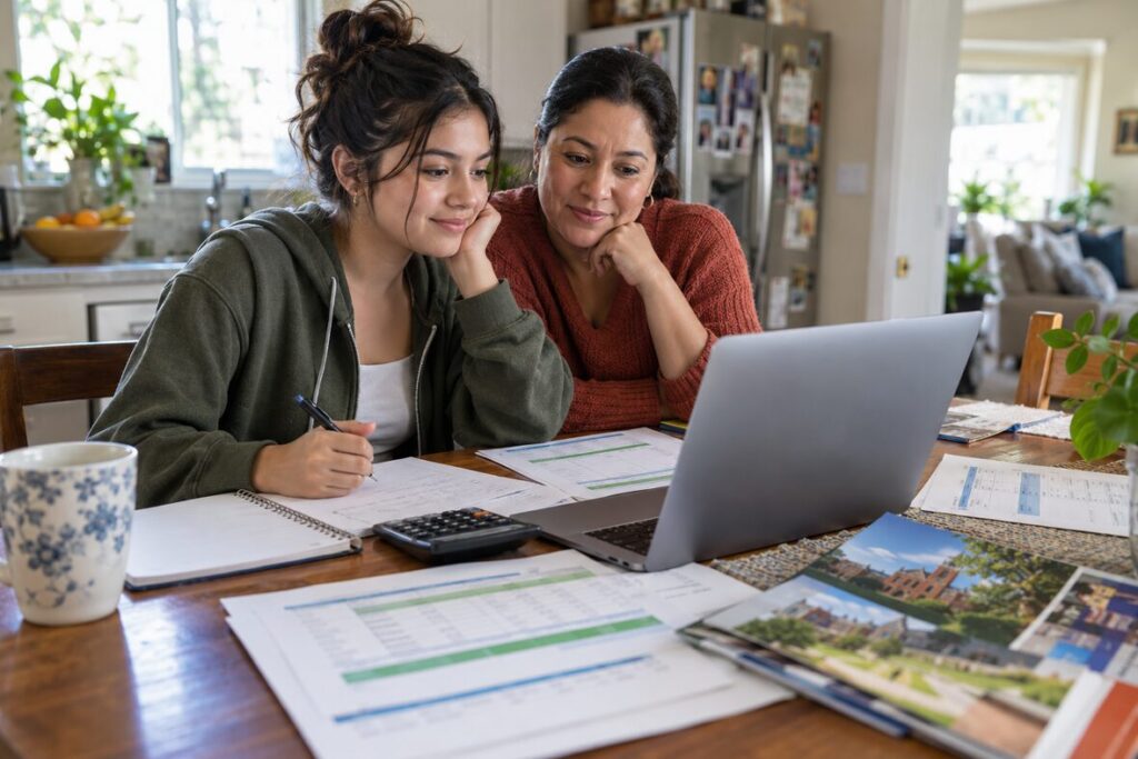 Student and parent reviewing scholarship spreadsheets and financial aid offers at a kitchen table