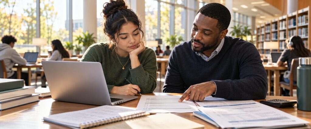 Student and mentor reviewing federal student aid changes and loan planning documents in a college library