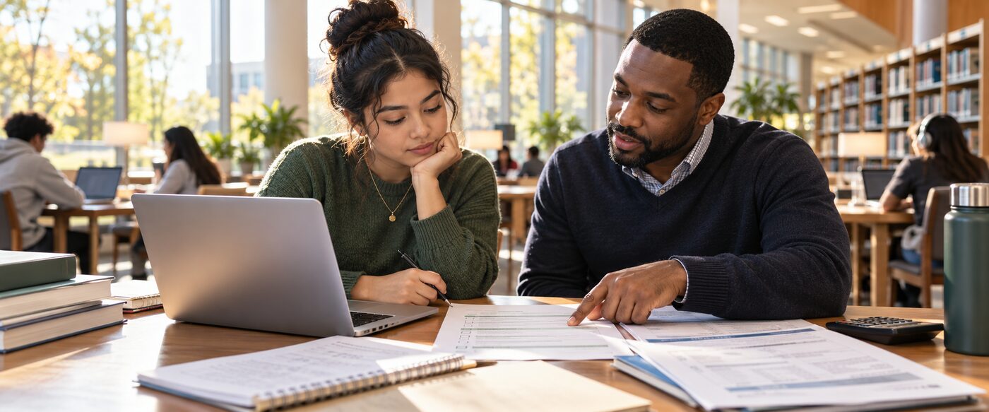 Student and mentor reviewing federal student aid changes and loan planning documents in a college library