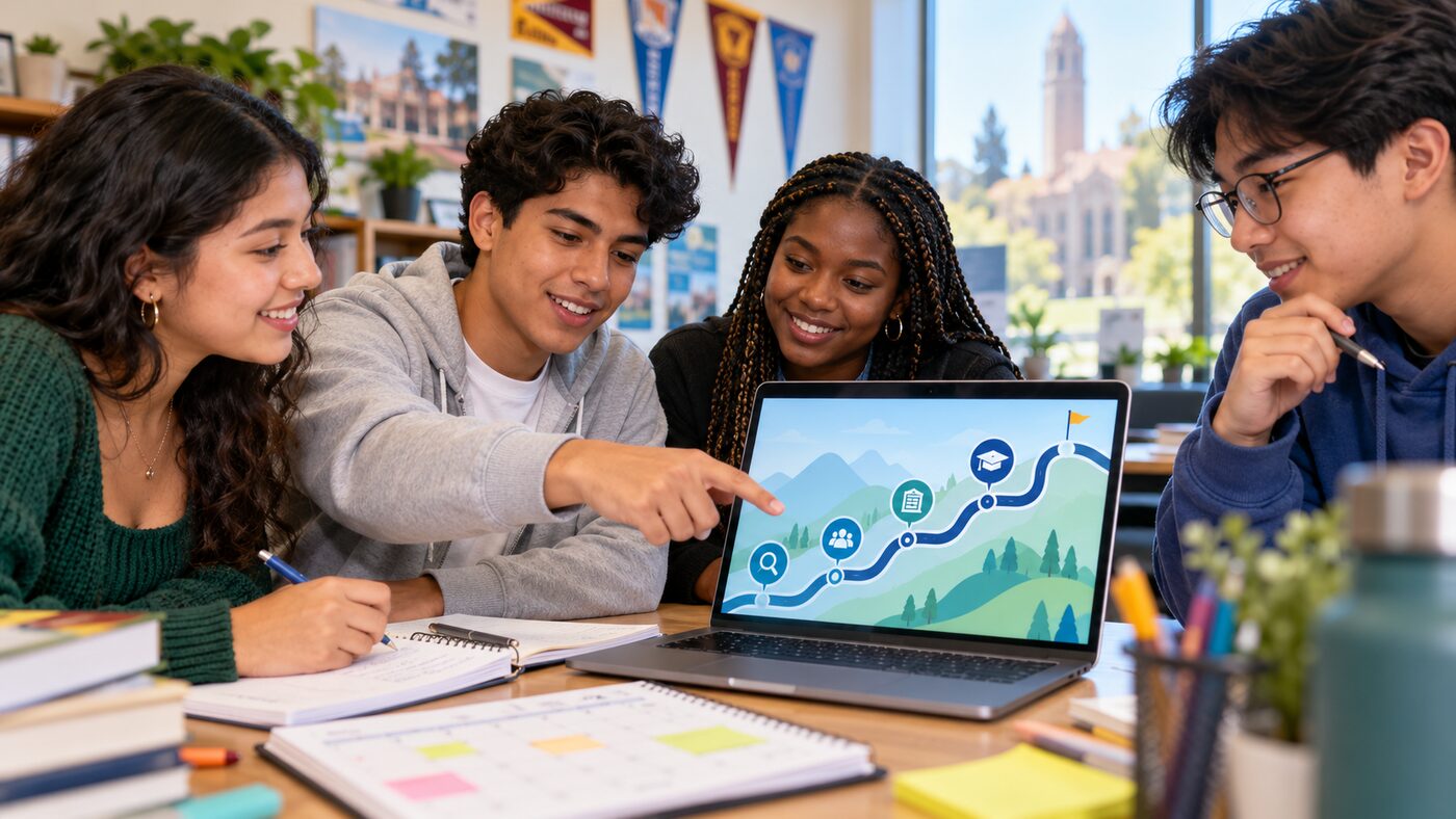 Students reviewing a college application roadmap on a laptop with notebooks and calendars nearby