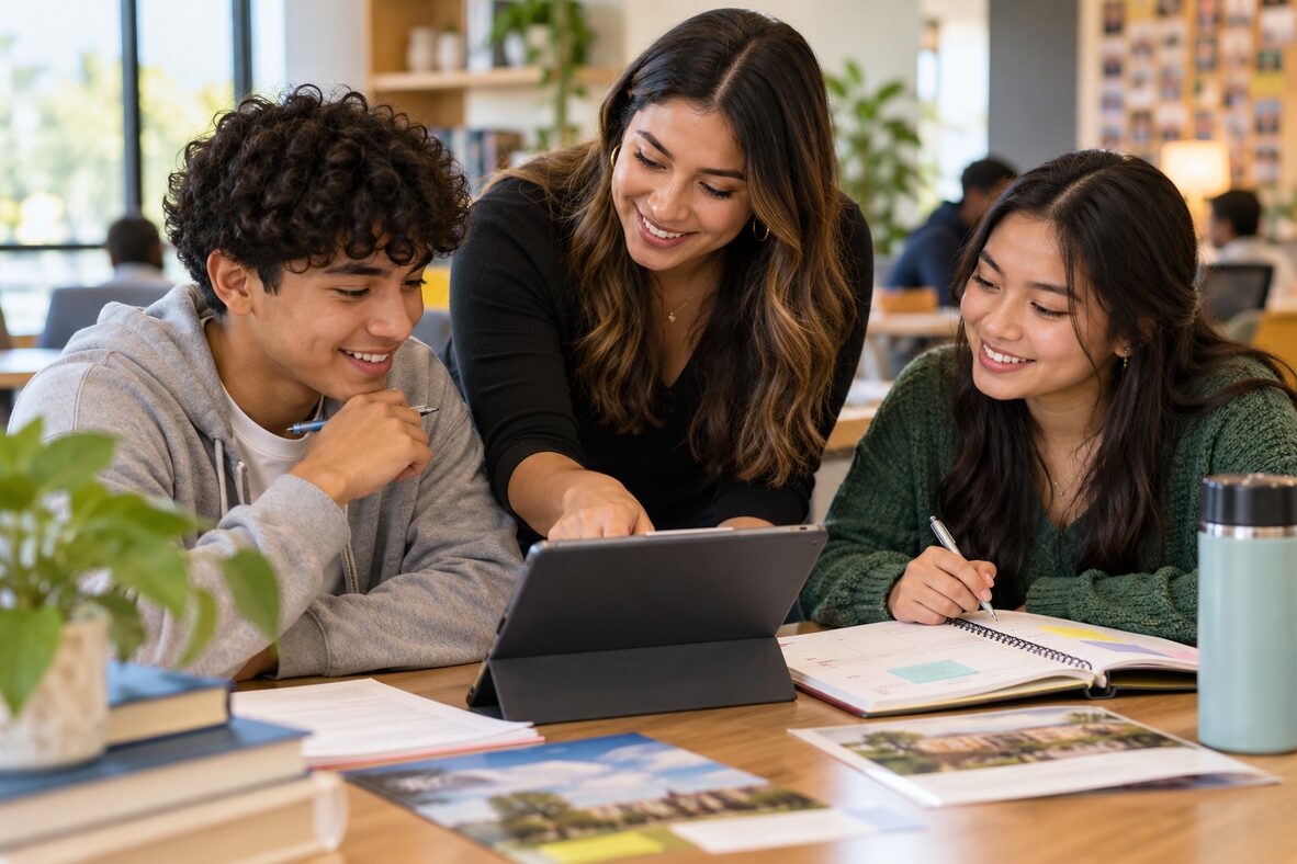 First-generation students and a mentor reviewing college planning materials on a tablet