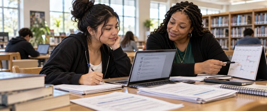 First-generation student and mentor reviewing scholarship deadlines and financial aid paperwork in a library