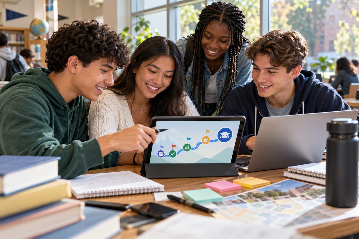 Students reviewing an abstract gamified college readiness progress map on a tablet