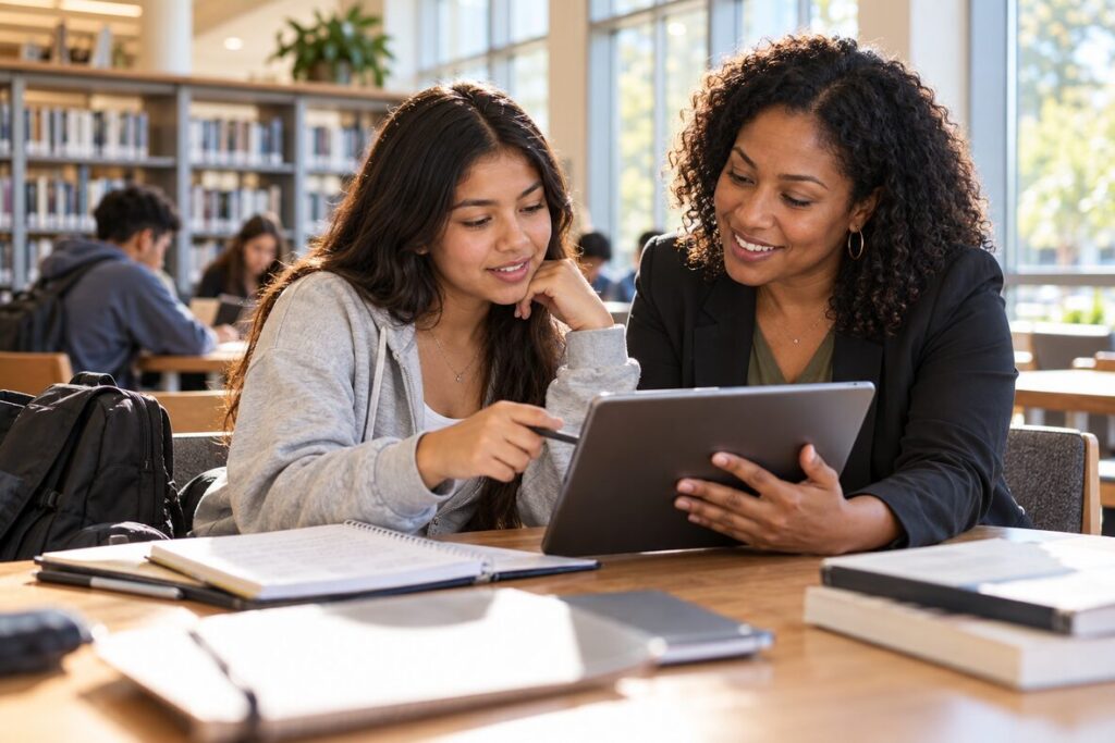 Student and mentor reviewing college and career readiness options on a tablet in a library