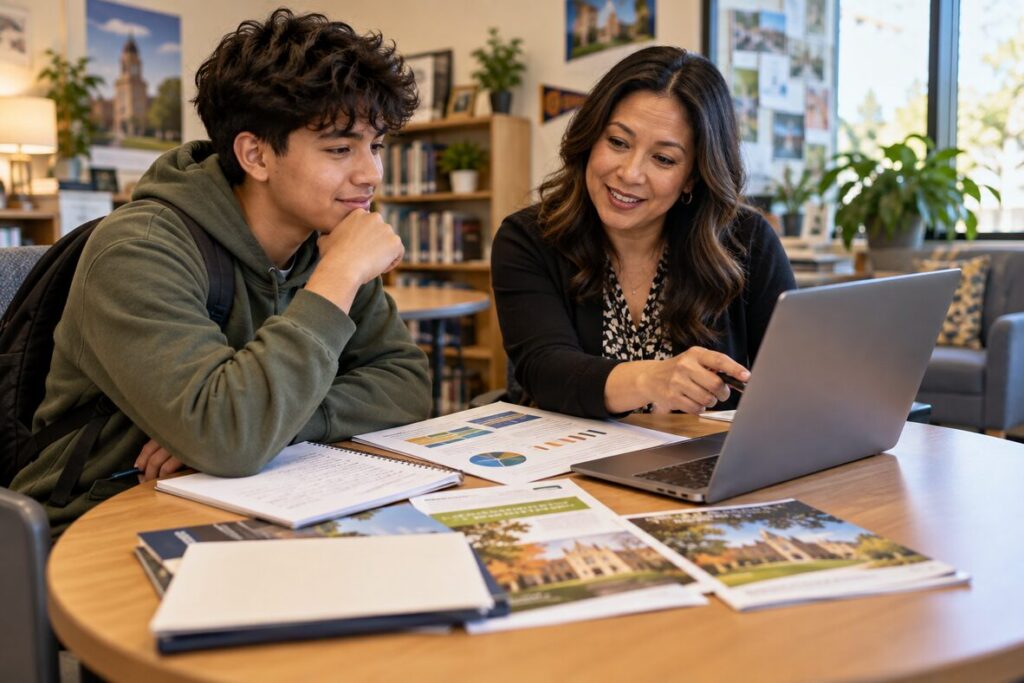 First-generation student and counselor reviewing personalized college planning resources on a laptop