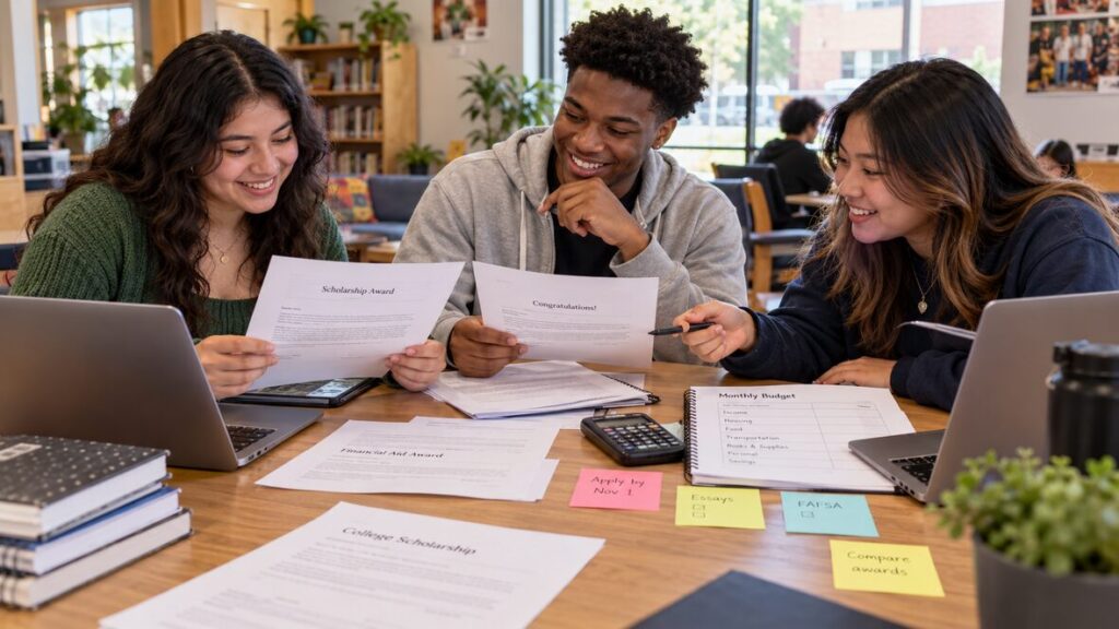 Students comparing scholarship applications, award letters, and budget worksheets in a community study space