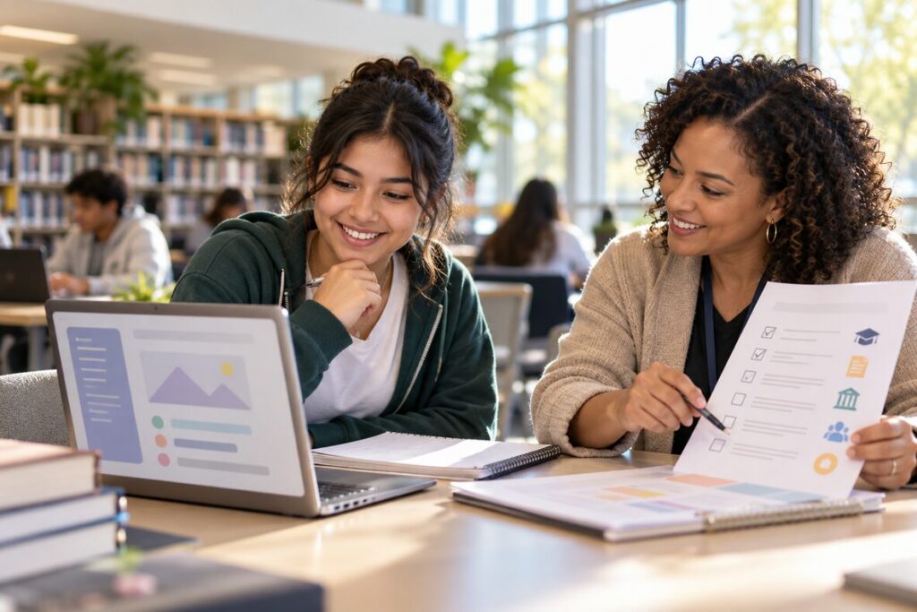 First-generation student and mentor reviewing college application help on a laptop in a school library