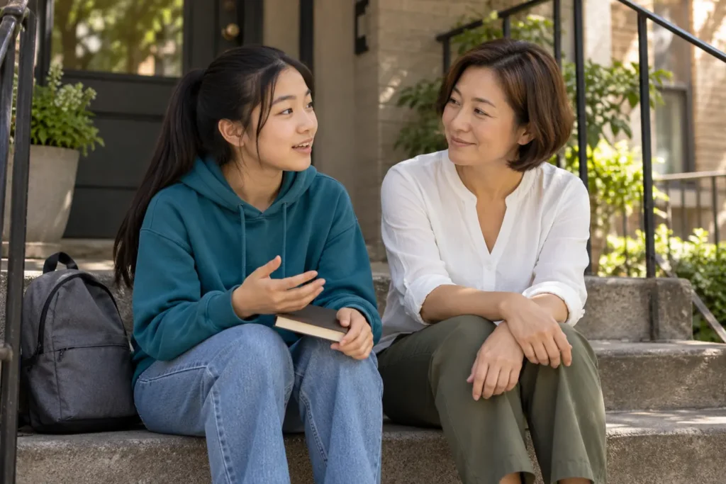 A teen talks with a trusted adult on front steps while reflecting on imposter feelings before senior year.