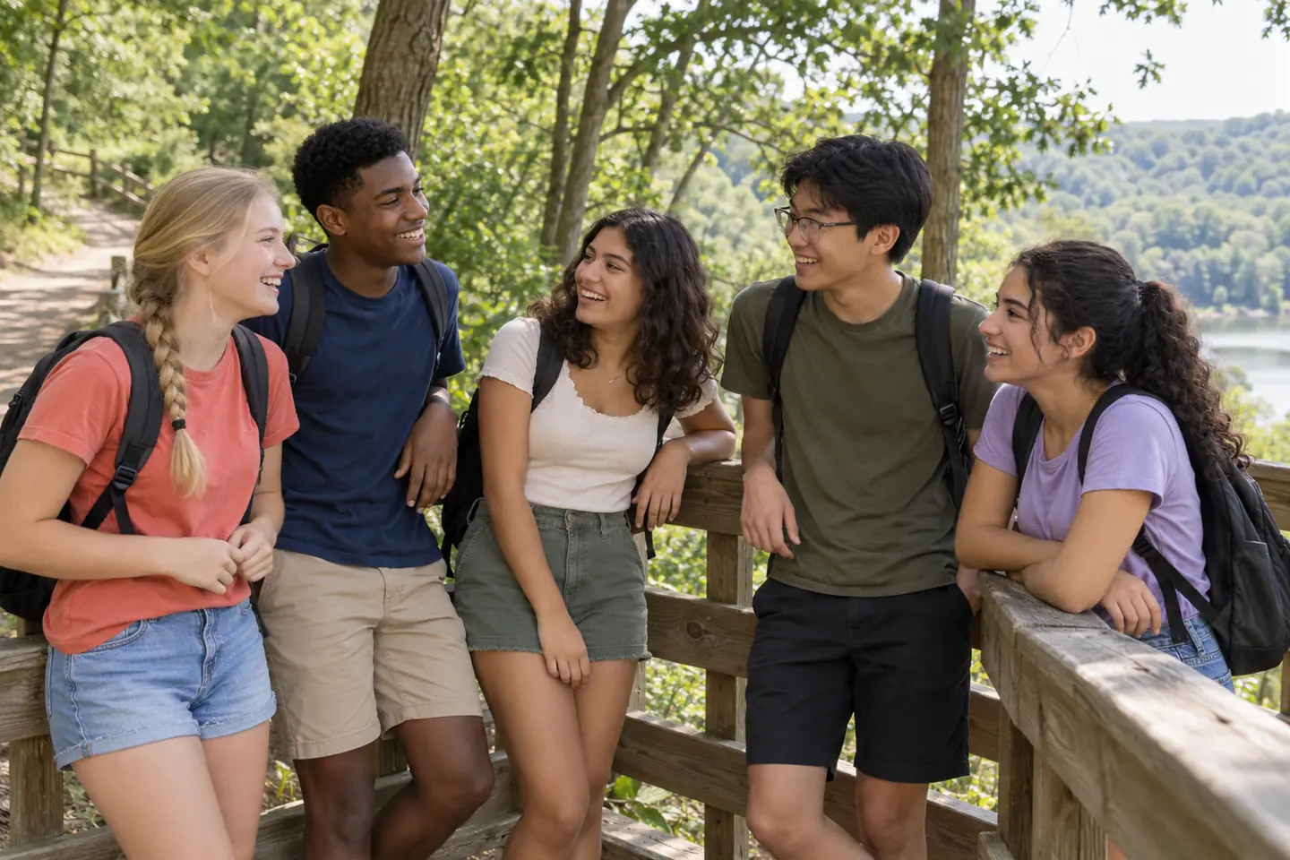 Five happy teens spend time together at a public park overlook.