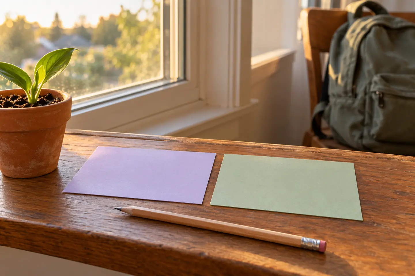 Two blank reflection cards, a pencil, and a small sprout on a sunlit window ledge without people.