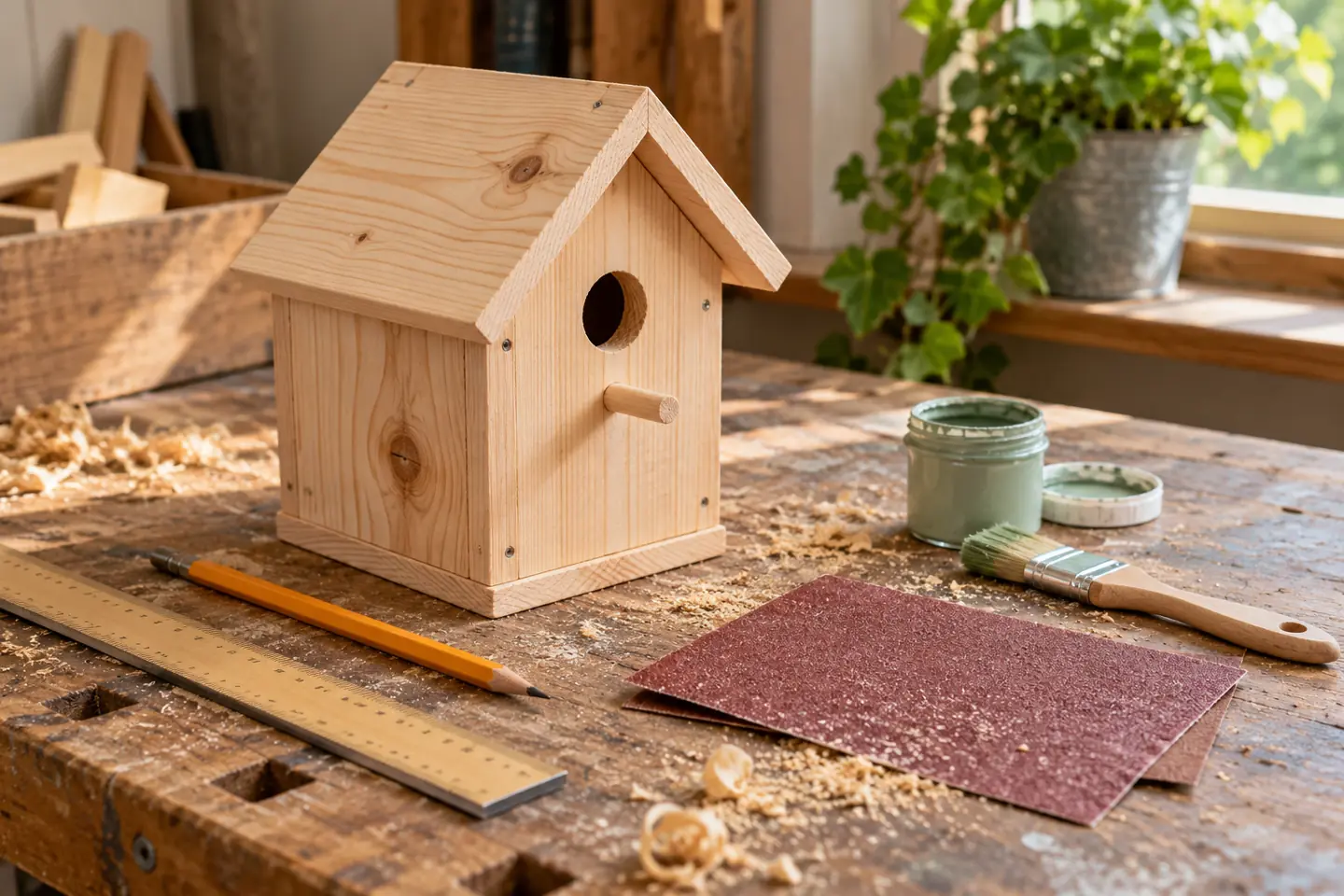 Handmade wooden birdhouse, sandpaper, ruler and paintbrush on a workbench with no people