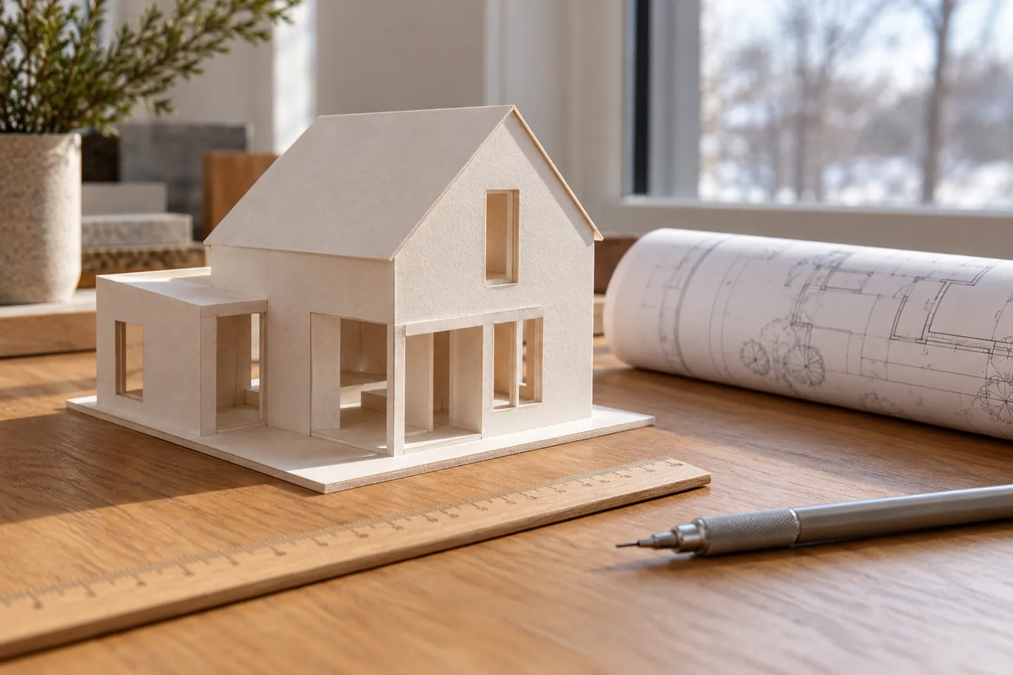 Close-up of an architectural model, ruler, mechanical pencil, and plans without people