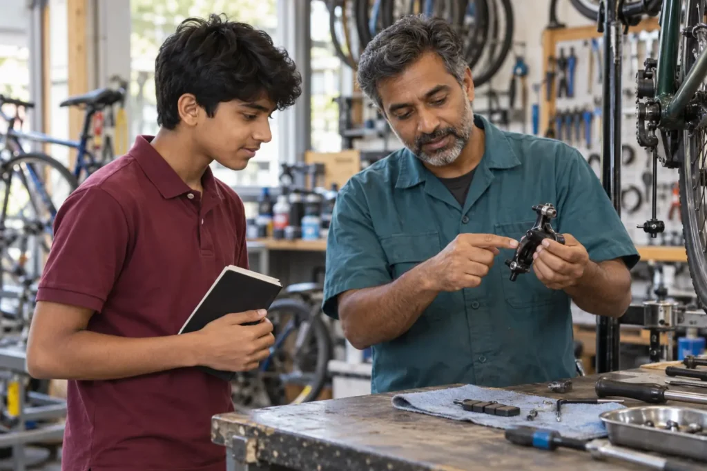 A student listens to a bicycle mechanic while preparing job shadow questions for students.