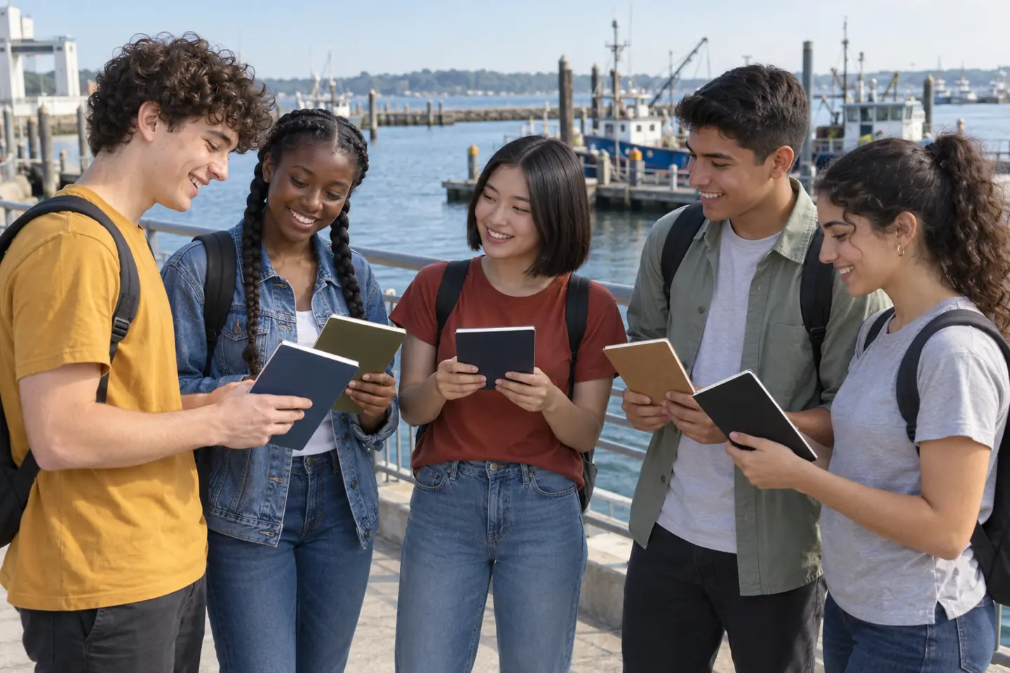 Five happy young people compare notebooks on a public waterfront promenade after a career outing.