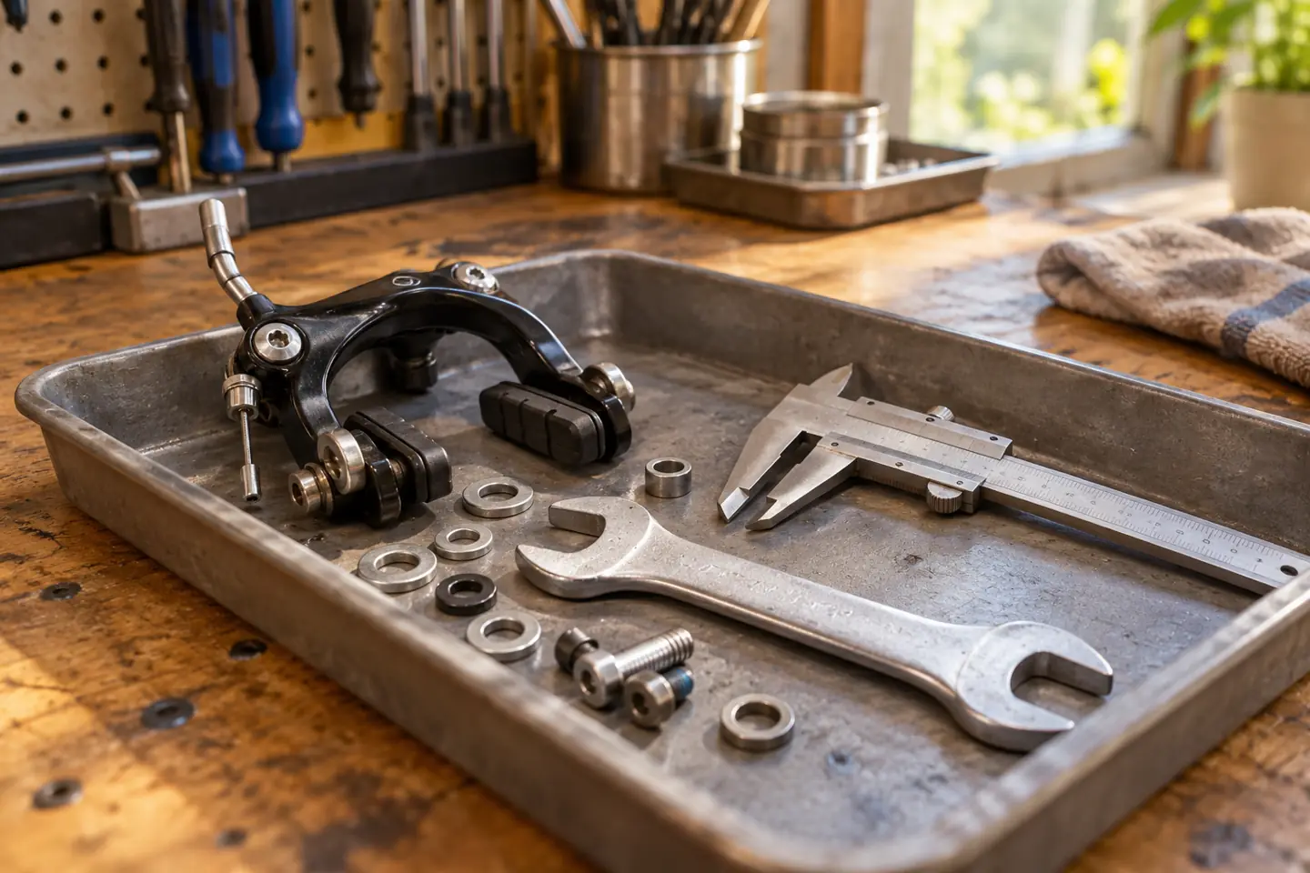 A workbench tray holds a bicycle brake component, wrench, caliper, and washers without people.