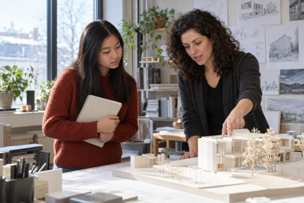 Student and architect discussing job shadow questions beside a building model