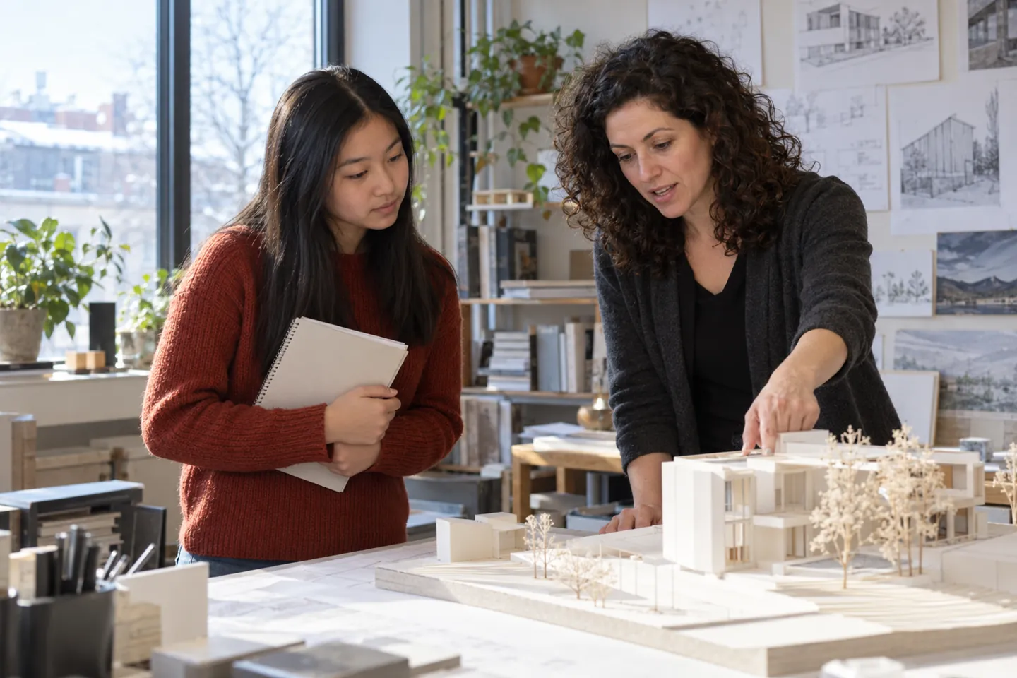 Student and architect discussing job shadow questions beside a building model