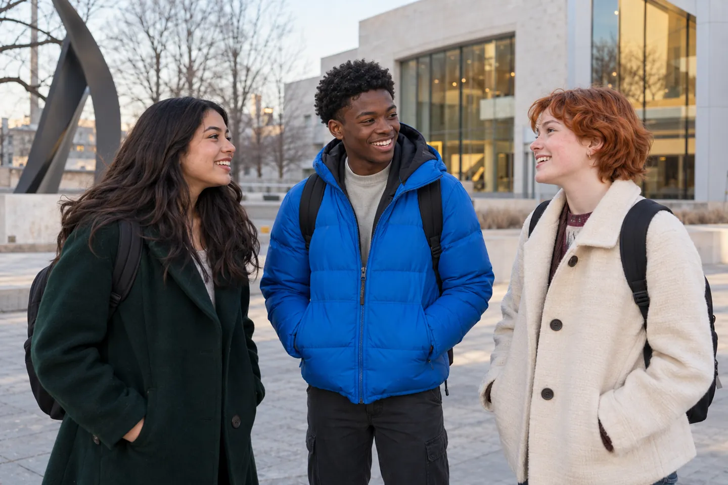 Three happy young people talking outdoors in a public plaza during winter