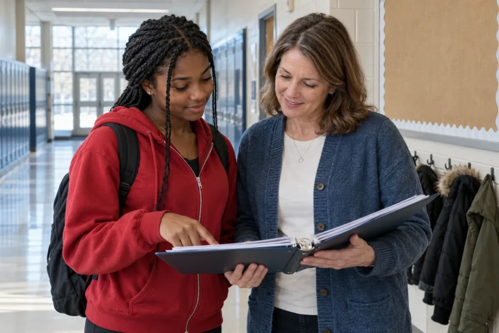 Student and counselor review course choices for a junior year checklist