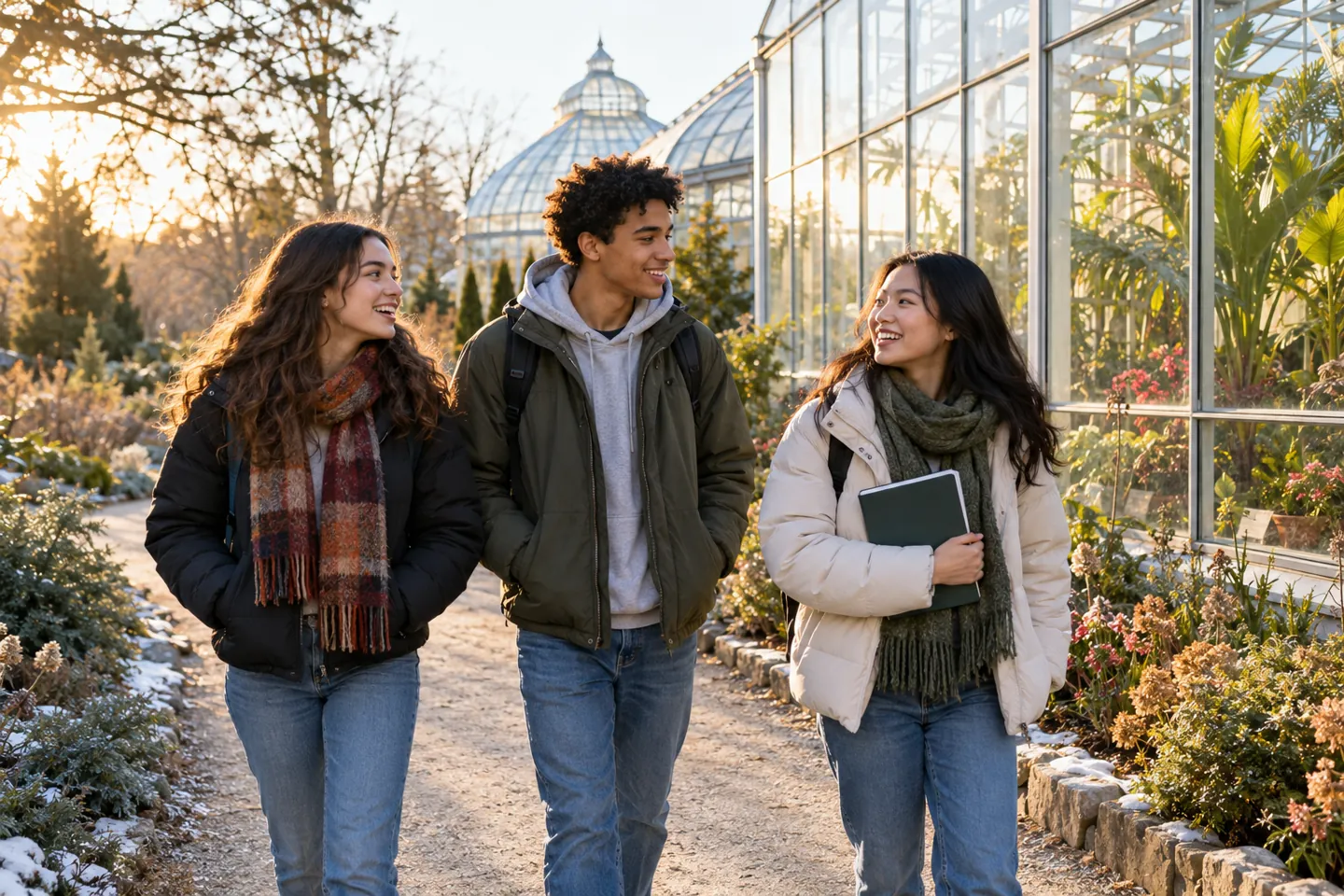 Three happy young people walk beside a public garden greenhouse
