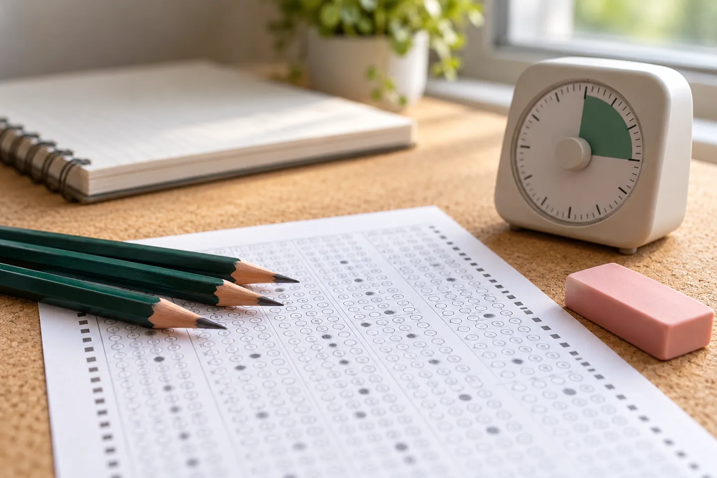 Pencils, practice answer sheet, eraser, and study timer for test preparation