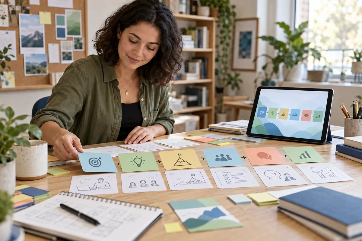 Curriculum architect arranging learning missions and activity storyboards