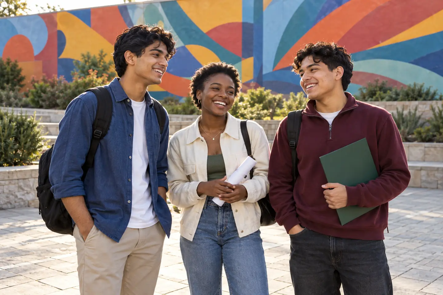 Three happy young people together in a public plaza by a community mural