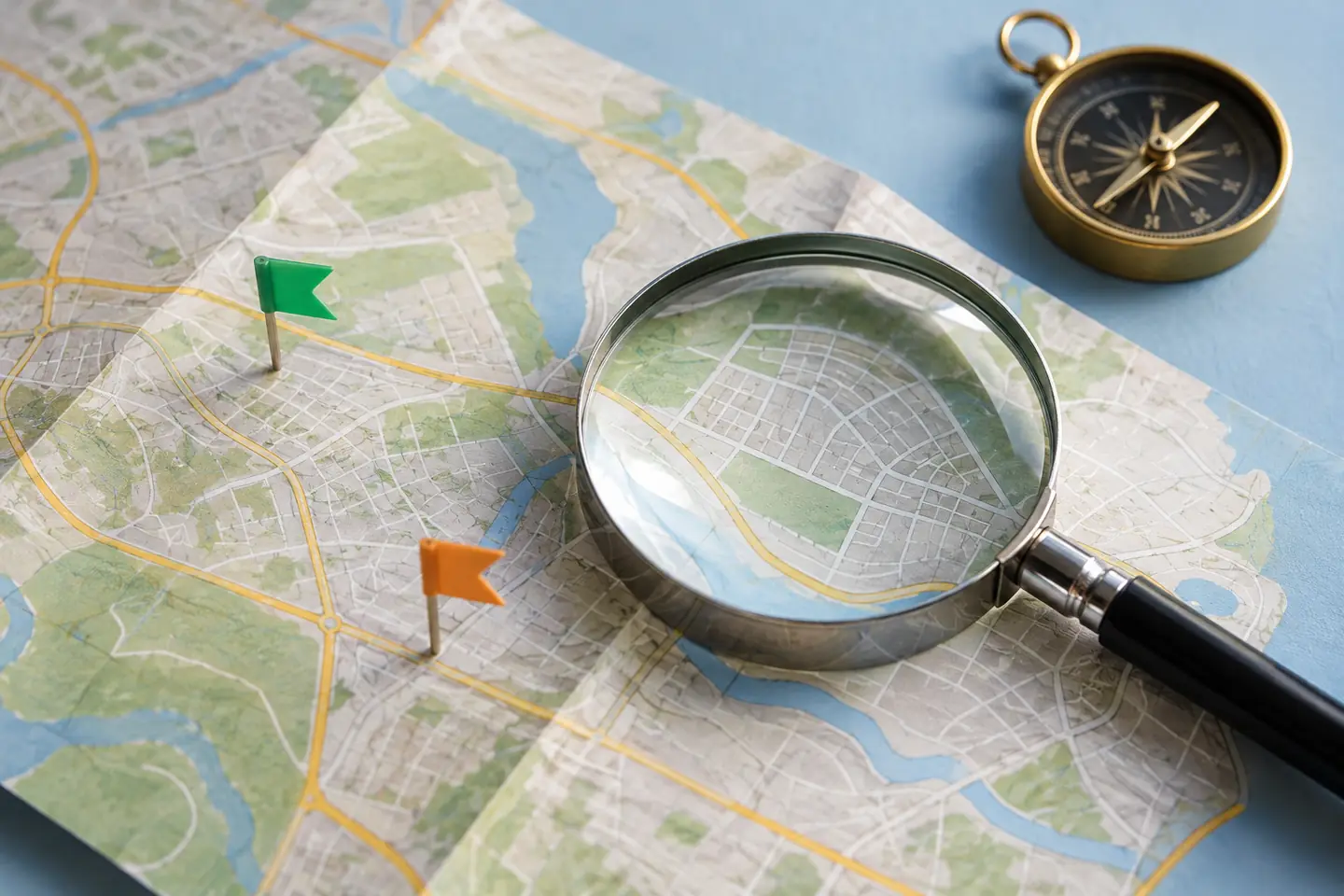 Local scholarship eligibility illustration with a magnifying glass and markers on a neighborhood map