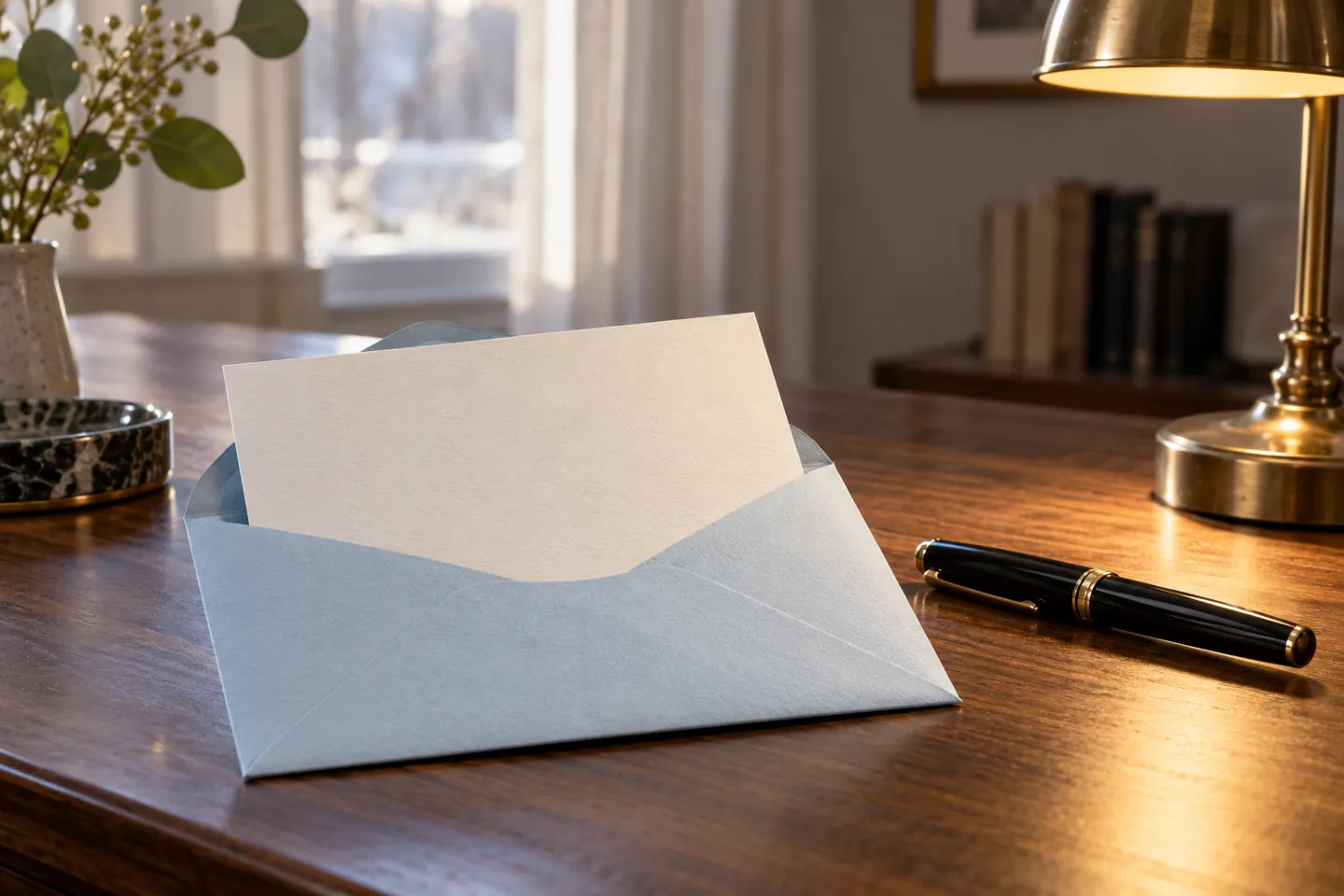 Close-up of a blank letter, blue envelope, and pen without people