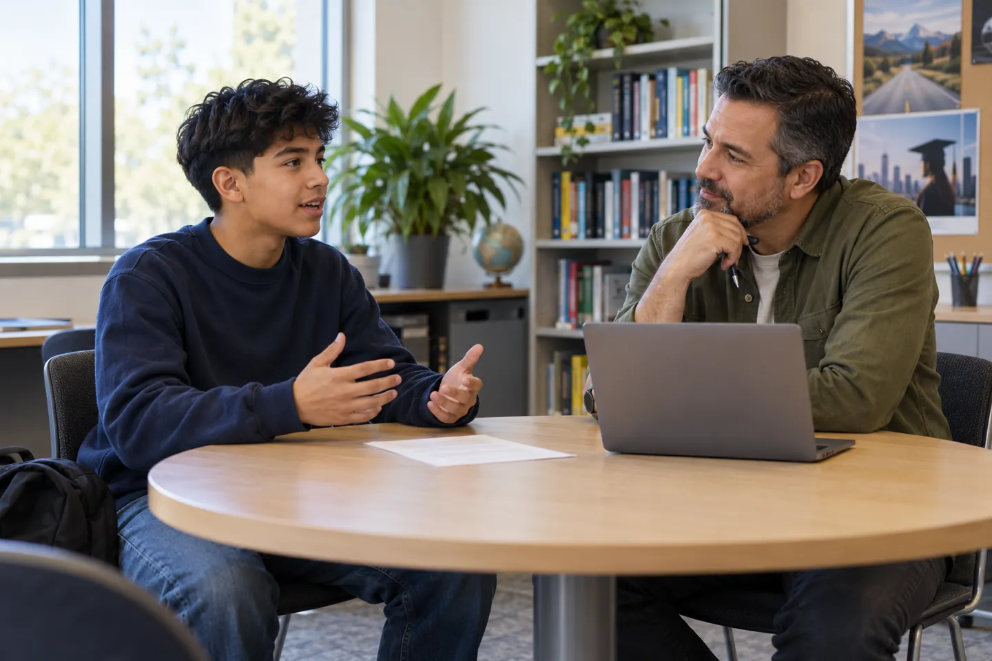Student discussing a mentor introduction with a school counselor