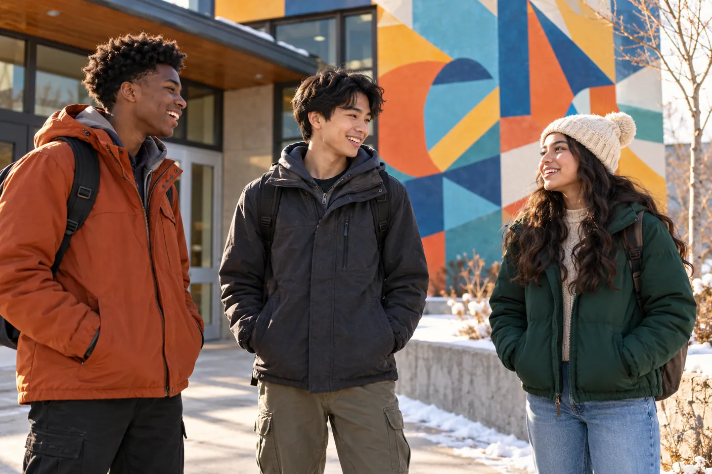 Three happy young people talking outdoors beside a community center mural